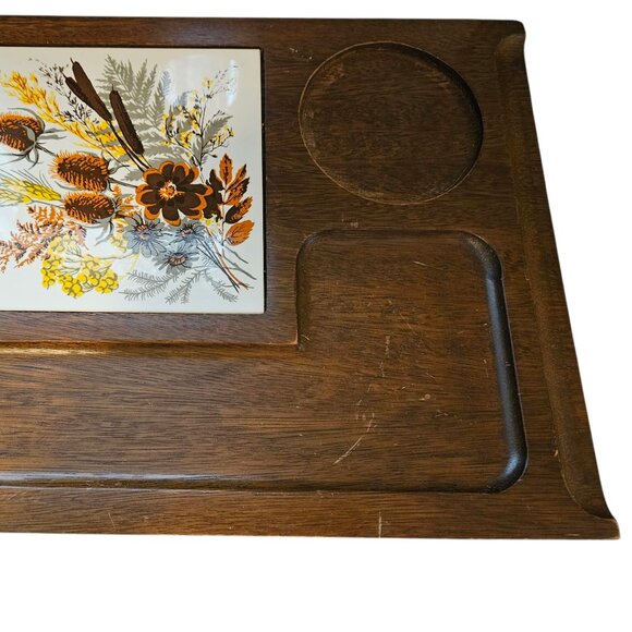 Vintage Retro Floral Dark Wood Cheese Tray Charcuterie Board Ceramic - Picture 3 of 7